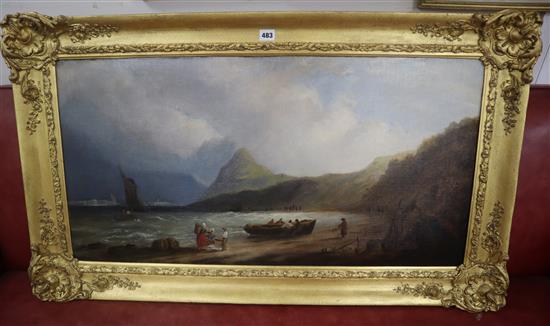 Attributed to Thomas Luny (1759-1837) Extensive coastal landscape with fisherfolk on the shore 47 x 92cm